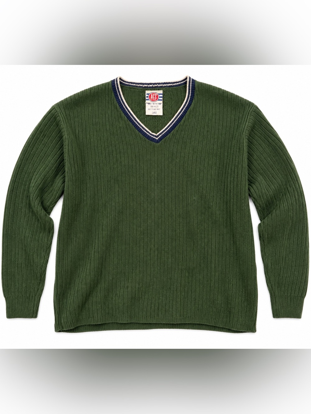 Made in USA Ace brand Green Ribbed V-Neck Sweater L